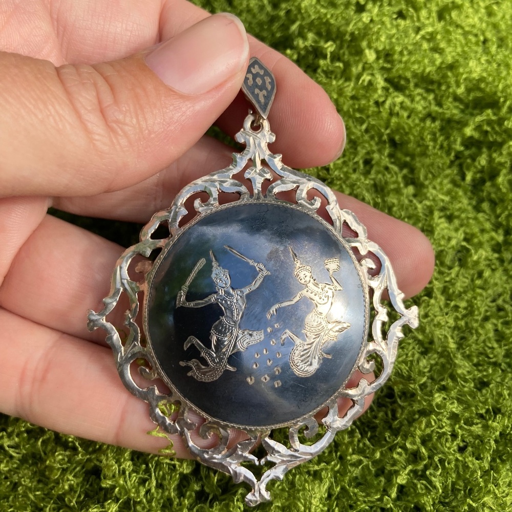 Large, Vintage Solid Sterling Silver, Nielloware … - image 1